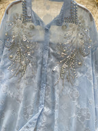 Light Luxury Socialite Heavy Bead Sequin Embroidery Lantern Sleeve Shirt Women'S Summer Thin Loose Outerwear Long Sleeve Top - Sky Blue