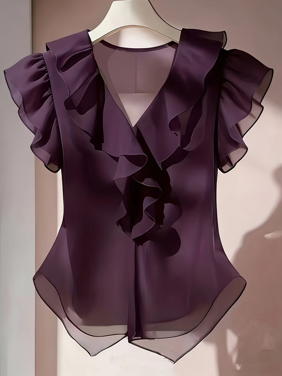 Summer French Solid Ruffled Fly Short Sleeve Shirt Chiffon Top Women'S - Purple
