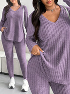 2-Piece V-Neck Top + Pants Set, Fleece Striped Outfit, Loose V-Neck Top, Waist-Tie Slimming Pants, Solid Color, Casual Sportswear Home Wear - Purple