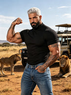 Summer Breathable Solid Color Half-Neck Short Sleeve 2pcs Set Men'S Shaping Slimming High-Elastic Fabric Light Luxury Fashion Fitness Sports Daily Wear Easy Premium Feel Versatile Base Top - Black