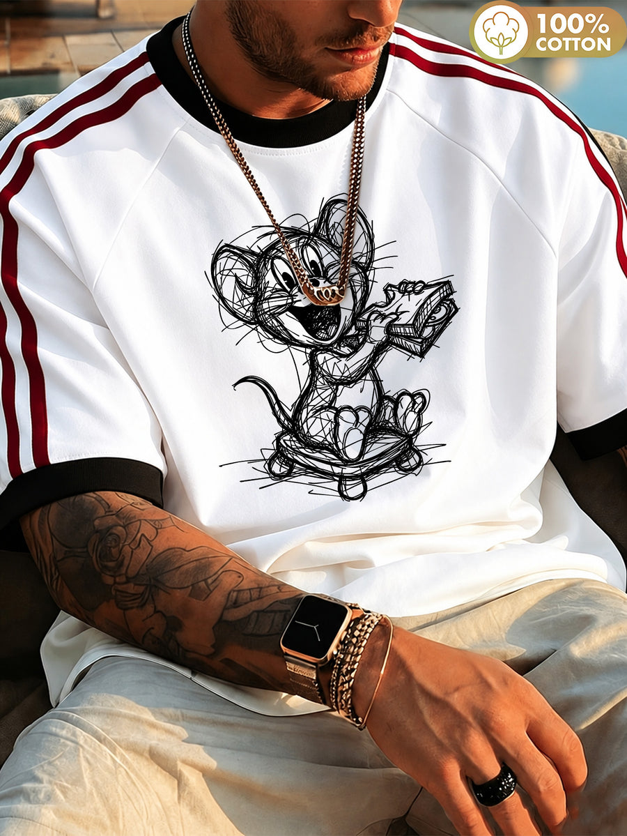 Officially Licensed by Warner Bros., Featuring a Sketch Print of The Trendy Skateboarding Mouse. Men'S 100% Crew Neck Short Sleeve T-Shirt - Wrinkle-Resistant, Comfortable, And Breathable, with Striped Drop Shoulder Sleeves - White