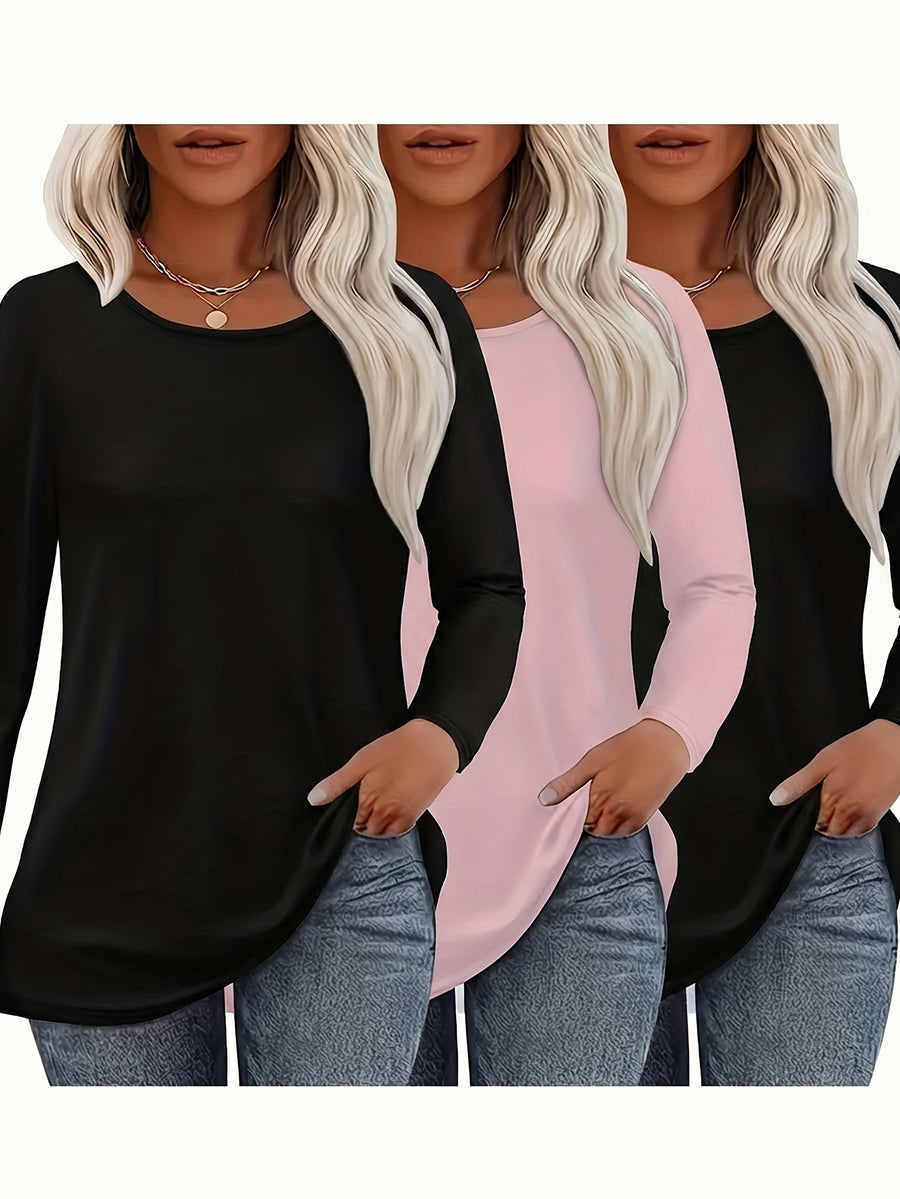 3pcs Long Sleeve Solid Color Women'S T-Shirts, Casual Holiday Outing Versatile Fall Winter Top Round Neck - 2 Black + 1 Pink