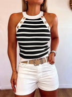 Button-Contrast Halter Style Vest - Black