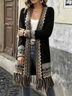 American Western Bohemian Fringed Cardigan Women'S Retro Color-Block Geometric Pattern Hem Fringed Design Mid-Length Ethnic Style Coat - Black