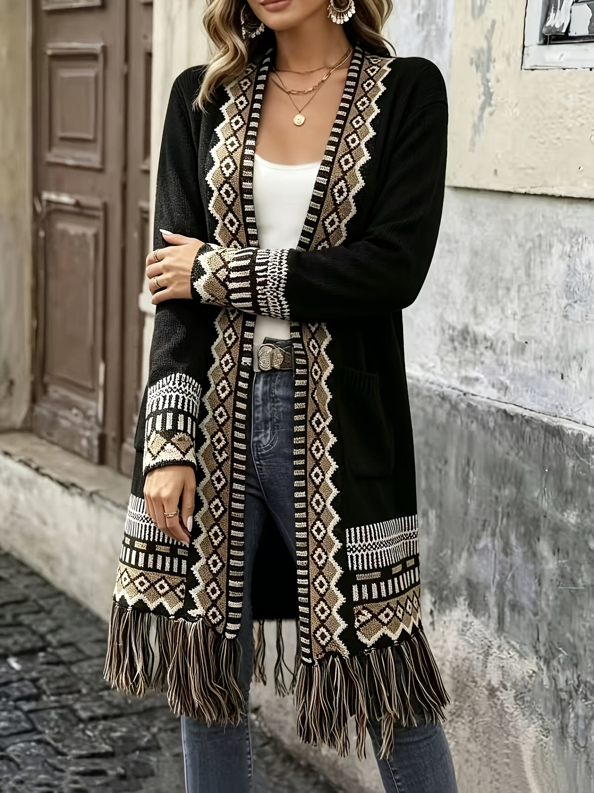 American Western Bohemian Fringed Cardigan Women'S Retro Color-Block Geometric Pattern Hem Fringed Design Mid-Length Ethnic Style Coat - Black