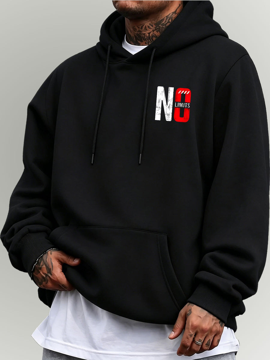 Men's Oversized Hooded Sweatshirt with NO Contrast Color Bold Letter Print, European and American Street Style Casual Sweatshirt - Black