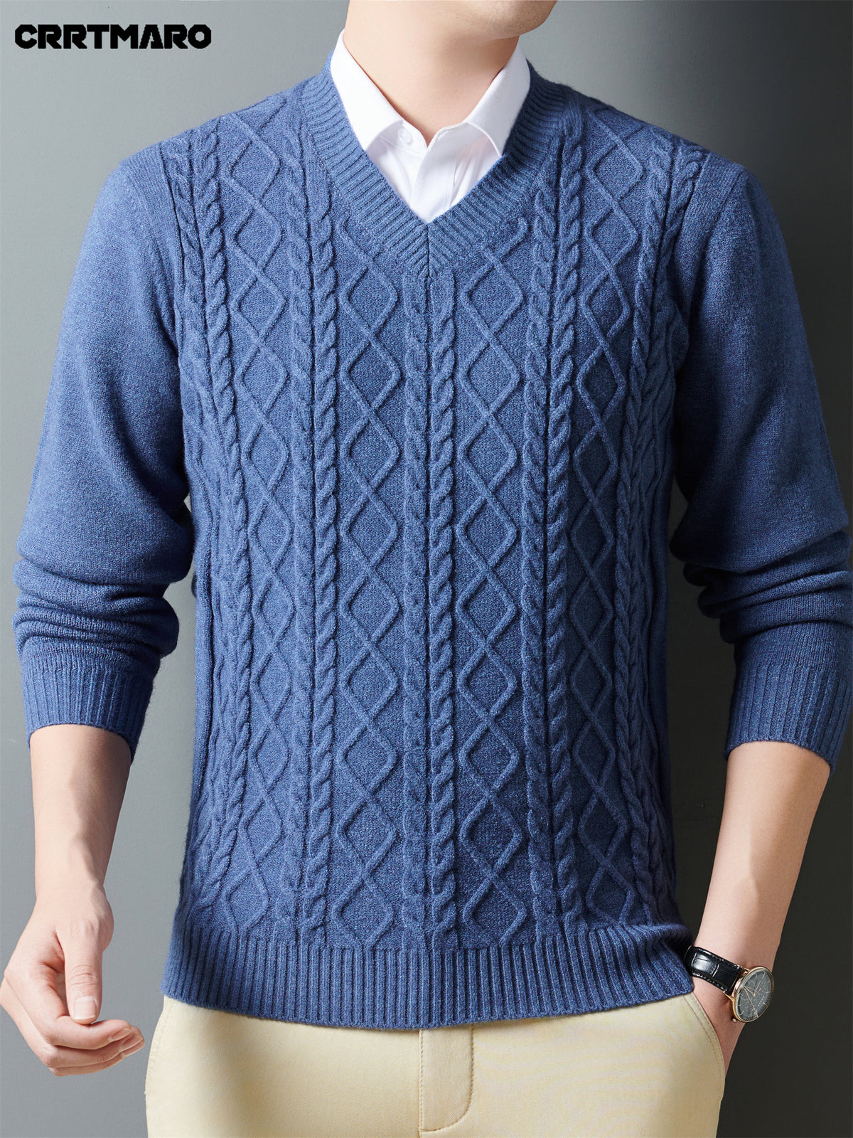 Cartama CRRTMARO Autumn/Winter Knitted 3D Solid Color V-Neck Sweater, Basic Thickened Pullover, Men's Fashion Knitwear Long Sleeve HH - Blue