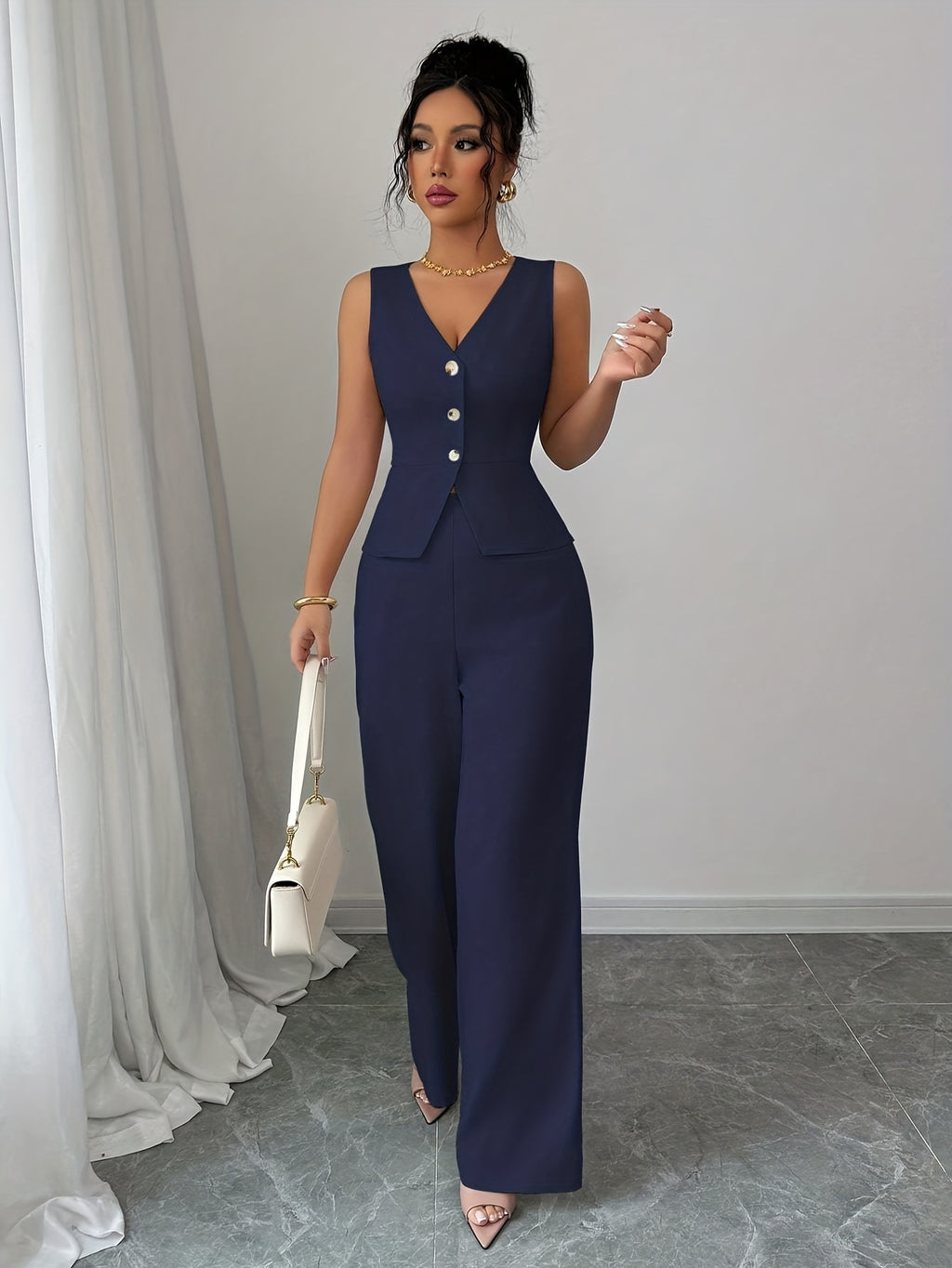 Sleeveless Elegant Vest And Women'S Pants Set, Summer Office Wear - Navy Color