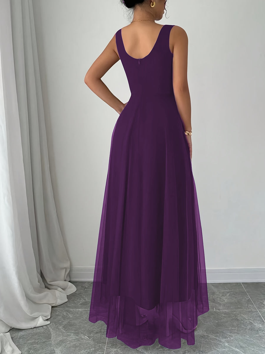 Summer Women'S Elegant Dress Mesh Stitching White Bubble Bead Multi-Layer Super Large Swing Sleeveless Summer Long Evening Dress Suitable for Party Dinner Wedding Wear Elegant Dress Wedding Party Dress - Violet Blue