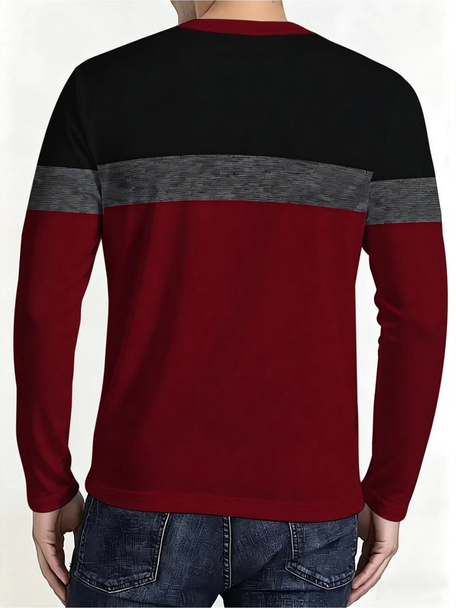 Printed Design – Non-Textured Men's Long-Sleeve T-Shirt, Mixed Colors, Multiple Specifications Available, Stylish and Comfortable, Suitable for Daily Wear and Casual Occasions, with a Simple Color-Blocked Pattern (Black, Gray, Red) - Mixed colors