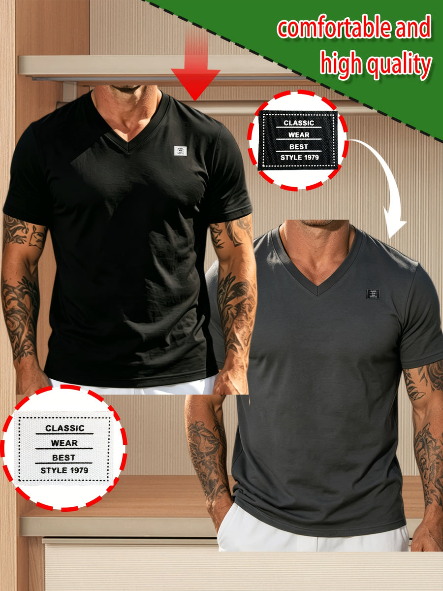 2pcs 100%, Men'S Knitted Solid V-Neck T-Shirt, Men'S T-Shirt New Chapter Design, Summer Global All-Season Base Layer Factory Made Men Comfortable High Quality High Fit Rate Casual Sports Top - Black+Dark Grey