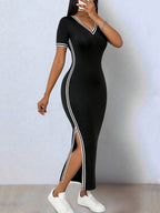 Elegant Color-blocked Stretch Bodycon Asymmetrical Hem Slit V-neck Short Sleeve Dress - Black