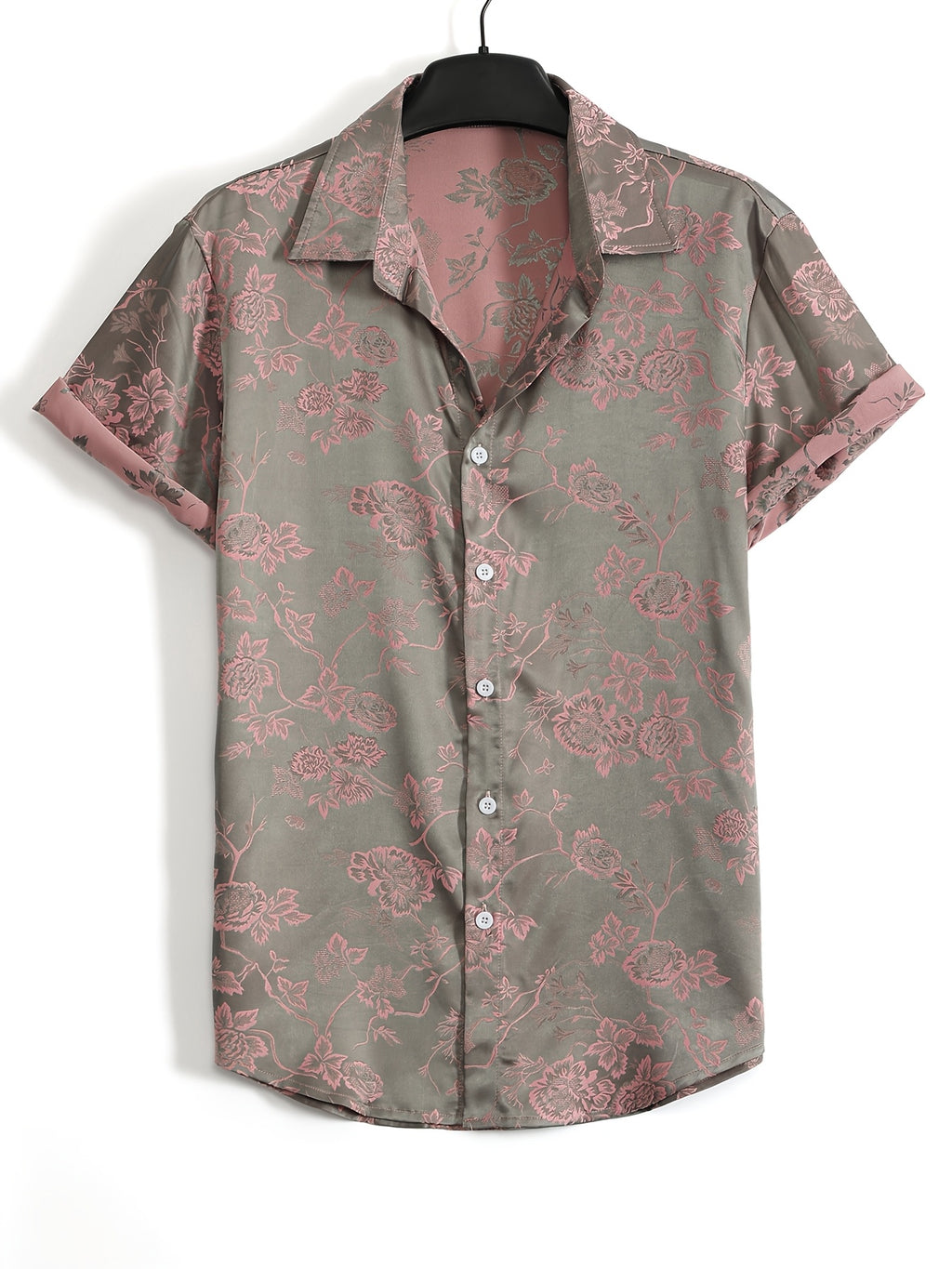 Men's French-Style Luxury Short-Sleeve Shirt - Button-Front Collar Shirt Suitable for Hawaiian Beach Vacations & Daily Wear, Machine Washable Summer Shirt with Plant, Non- Suitable for Hawaiian Outfits & Gifts for Men - Khaki