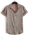 Men's French-Style Luxury Short-Sleeve Shirt - Button-Front Collar Shirt Suitable for Hawaiian Beach Vacations & Daily Wear, Machine Washable Summer Shirt with Plant, Non- Suitable for Hawaiian Outfits & Gifts for Men - Khaki