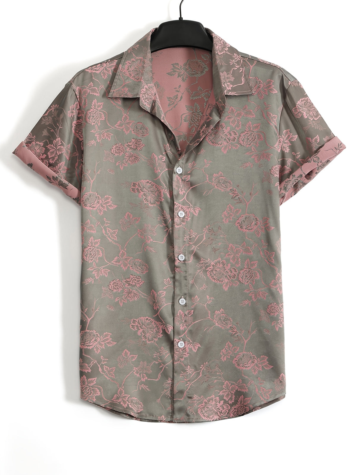 Men's French-Style Luxury Short-Sleeve Shirt - Button-Front Collar Shirt Suitable for Hawaiian Beach Vacations & Daily Wear, Machine Washable Summer Shirt with Plant, Non- Suitable for Hawaiian Outfits & Gifts for Men - Khaki