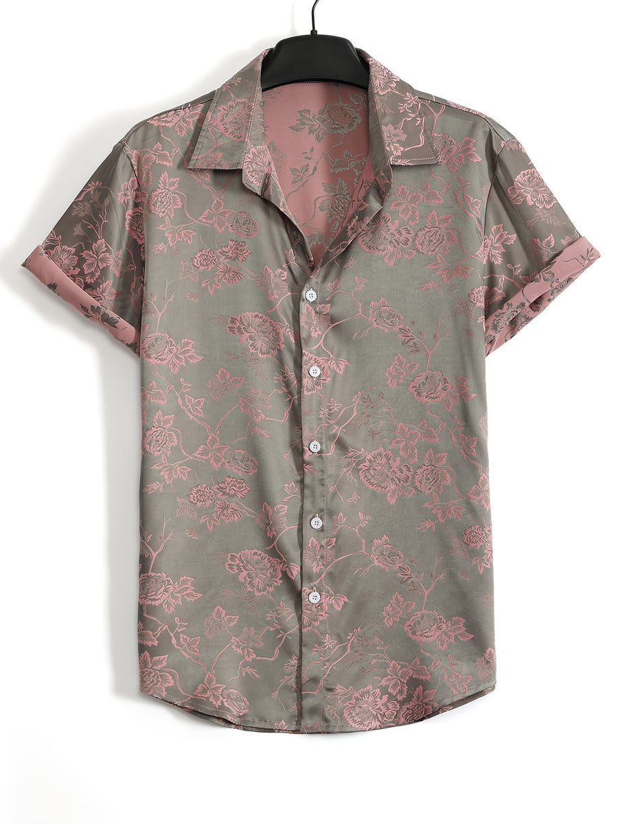 Men's French-Style Luxury Short-Sleeve Shirt - Button-Front Collar Shirt Suitable for Hawaiian Beach Vacations & Daily Wear, Machine Washable Summer Shirt with Plant, Non- Suitable for Hawaiian Outfits & Gifts for Men - Khaki