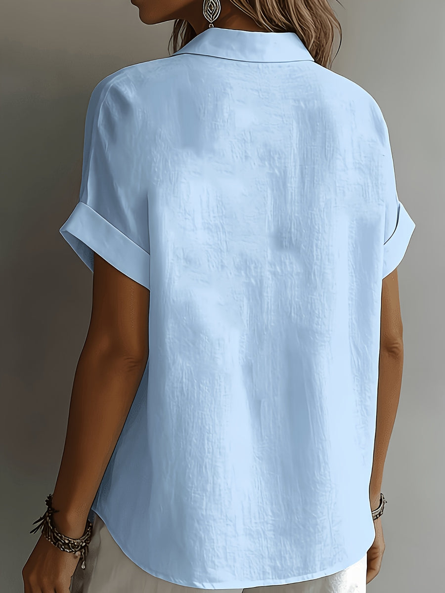 Women's Relaxed Holiday Style Micro-Wrinkle Textured Lapel Short-Sleeve Shirt, Loose Open Front Single-Breasted Drop Shoulder Fit, Casual Rolled Hem Short Sleeve V-Neck Open-Wear Design, Natural Breathable Dry Skin-Friendly Textured Fabric - Blue