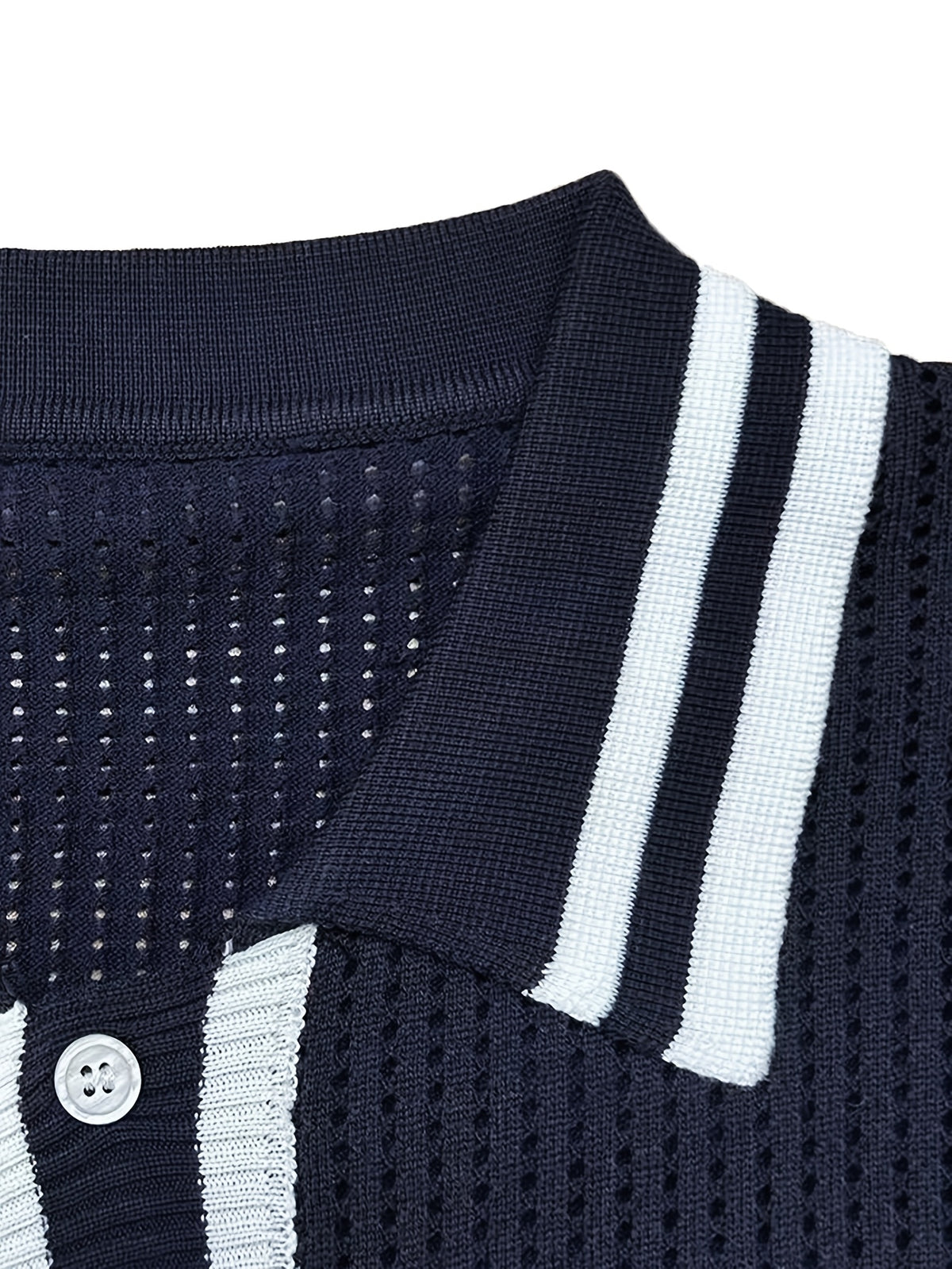 Men's Polo Shirt, Knitted Short Sleeve, Summer, Hollow-Out Breathable Color-Block Top, Suitable for All Occasions - Navy Color