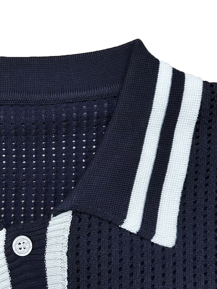 Men's Polo Shirt, Knitted Short Sleeve, Summer, Hollow-Out Breathable Color-Block Top, Suitable for All Occasions - Navy Color