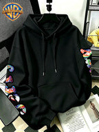[Officially Licensed by Warner Bros] 1pc, American Colorful Line Cartoon Holding Drink Portrait Creative Casual Hoodie - Men'S Fashion Sweatshirt, Adjustable Drawstring Loose Comfortable Sweater, Suitable for Daily And Outdoor Wear - Black