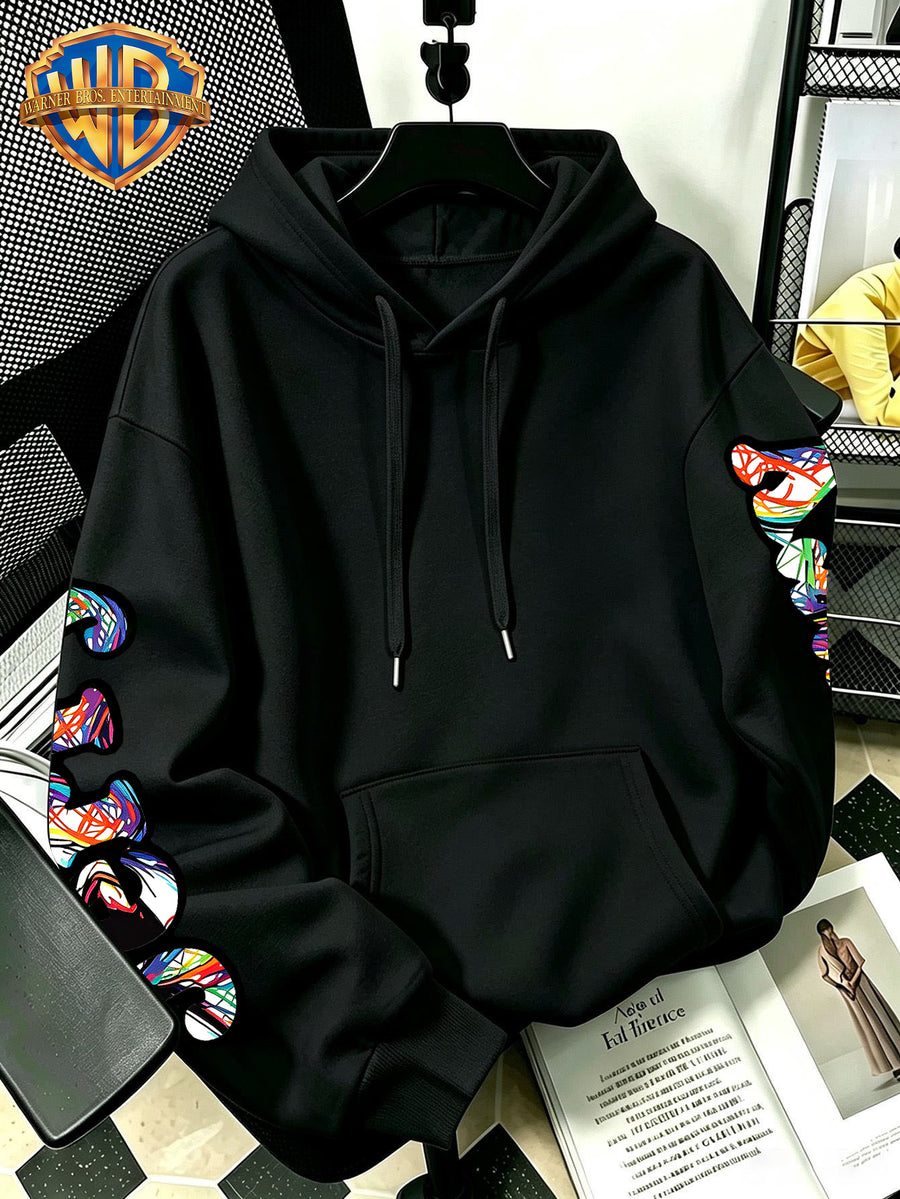 [Officially Licensed by Warner Bros] 1pc, American Colorful Line Cartoon Holding Drink Portrait Creative Casual Hoodie - Men'S Fashion Sweatshirt, Adjustable Drawstring Loose Comfortable Sweater, Suitable for Daily And Outdoor Wear - Black