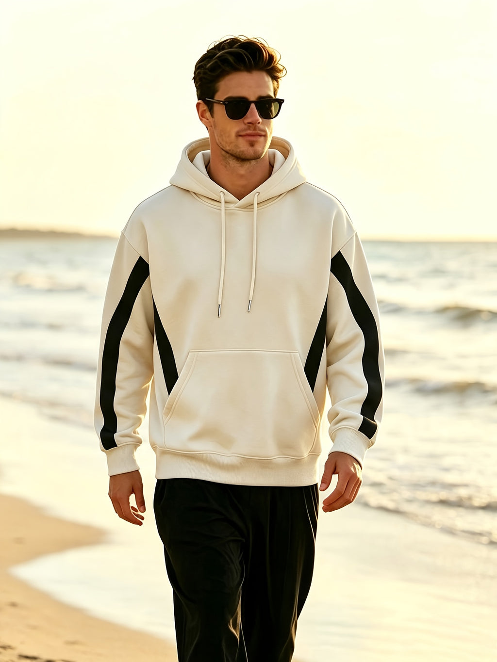 New Men'S Double Striped Hooded Sweatshirt with Loose Fit And Comfortable Pockets, Versatile And Trendy Hoodie for Daily Use - Apricot