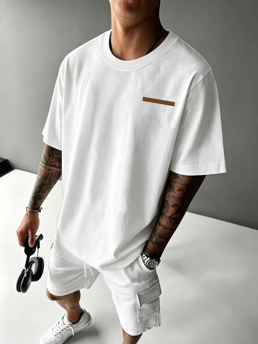 Men's Trendy Short-Sleeve T-Shirt with Minimalist Brown Long Strip Logo Print on the Chest, Crew Neck Top for Daily Wear - White