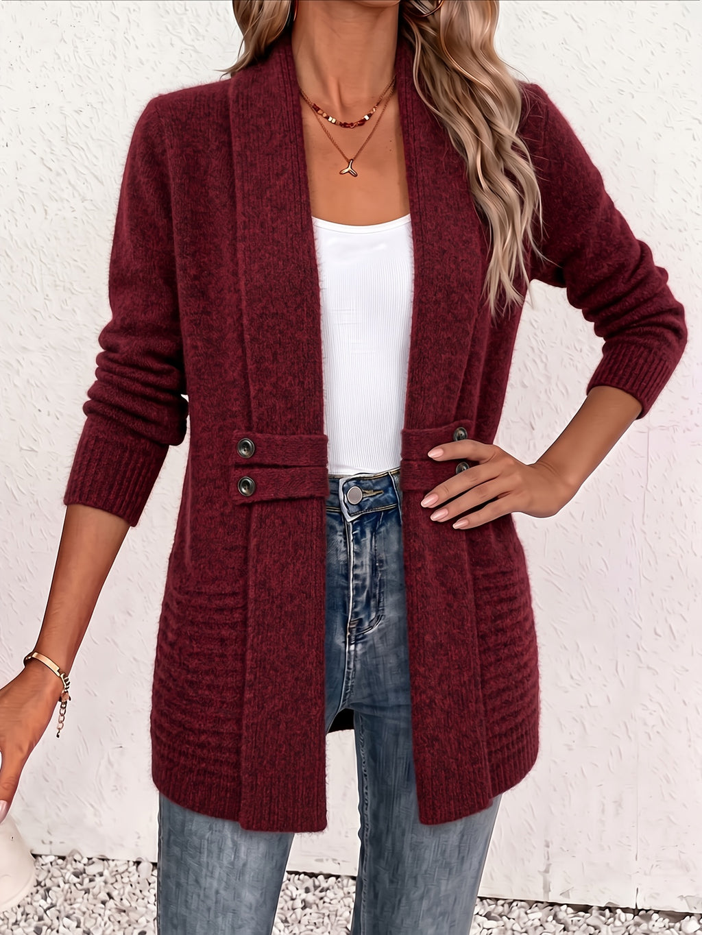Beautiful Women's Spring/autumn Casual Double-breasted Decorative Belt Cardigan, Shawl and Cinched-waist Design, Versatile Mid-length Open-front Sweater in a Relaxed Style, Elegant and Fashionable Loose Outerwear, Perfect for Daily Commutes or Casual - Burgundy