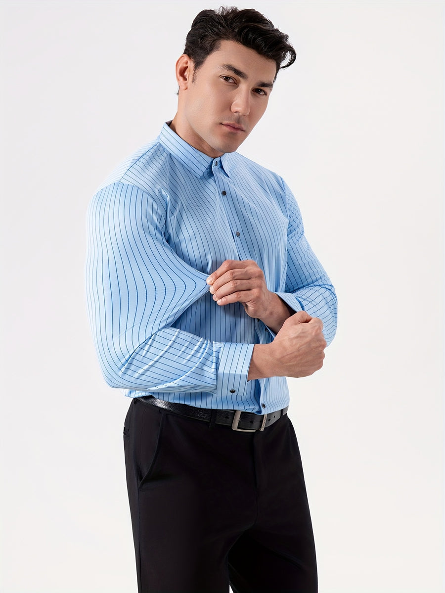 Seamless High-Elasticity Pressed Hem Wrinkle-Free Men's Long-Sleeve Striped Fashion Casual High-End Button-Up Cardigan Four-Way Stretch Men's Top, Fabric Weight 160g, Material 88% Polyester Fiber 12% Spandex - Blue Stripe