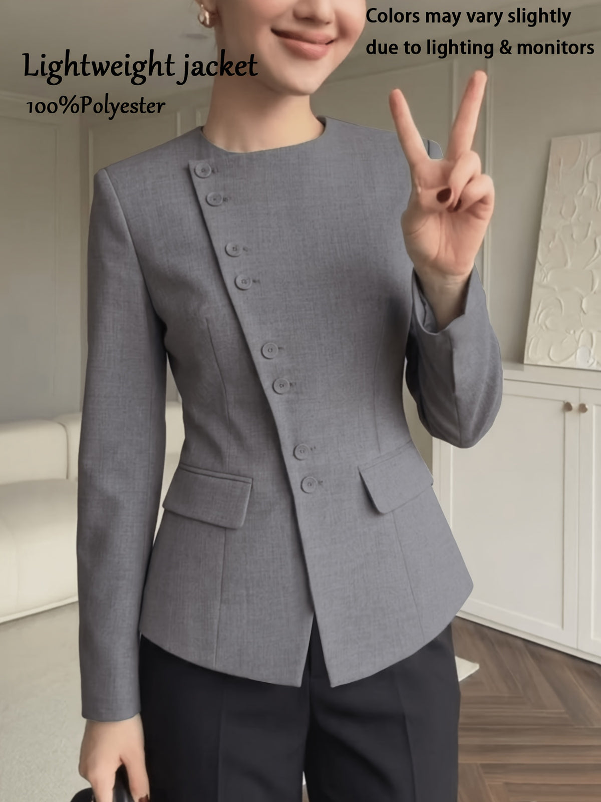 Women'S Suit Jacket with French Lapelless Diagonal Fastening And Waist-Tapered Design, Slim-Fit Silhouette, Suitable for Daily Commuting And Office Wear. New Spring And Autumn Collection, Fabric - Grey