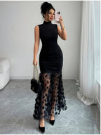 Elegant, Exquisite And Fashionable Women'S Solid Color High Neck Sleeveless Fishtail Dress, Women'S Bridesmaid Dress - Black