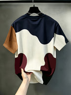 Men'S Casual Round Neck T-Shirt, Geometric Pattern Patchwork Striped Design, "Chicago" Word Pattern, Drapey Fashion Top, All-Season Wear, Breathable Regular Fit for Casual And Formal Outfits - Round Neck Casual Top, Comfortable Wear - Mixed colors