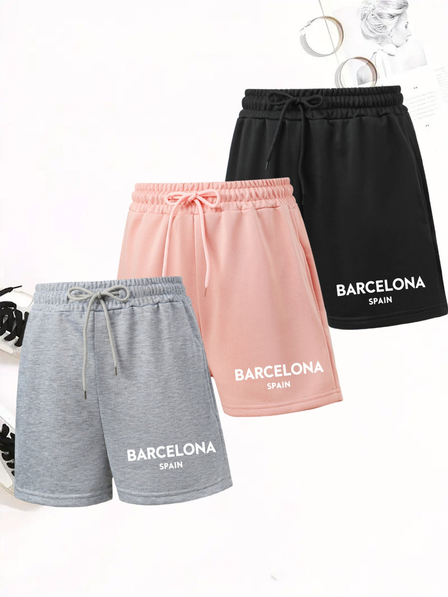 Set of 3 Women'S Elegant Casual Shorts - Featuring Letter Prints, Loose Fit with Drawstring, Perfect for Summer Vacations And Machine Washable - Black+gray+pink