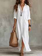 Women'S Spring Summer Autumn Bohemian Solid Color Semi-Open Neck Lapel Long Shirt, Casual Button-Up Relaxed Style Long Sleeve Shirt Dress, Breathable Beach Vacation, Travel, Daily Wear Long Shirt Dress - White