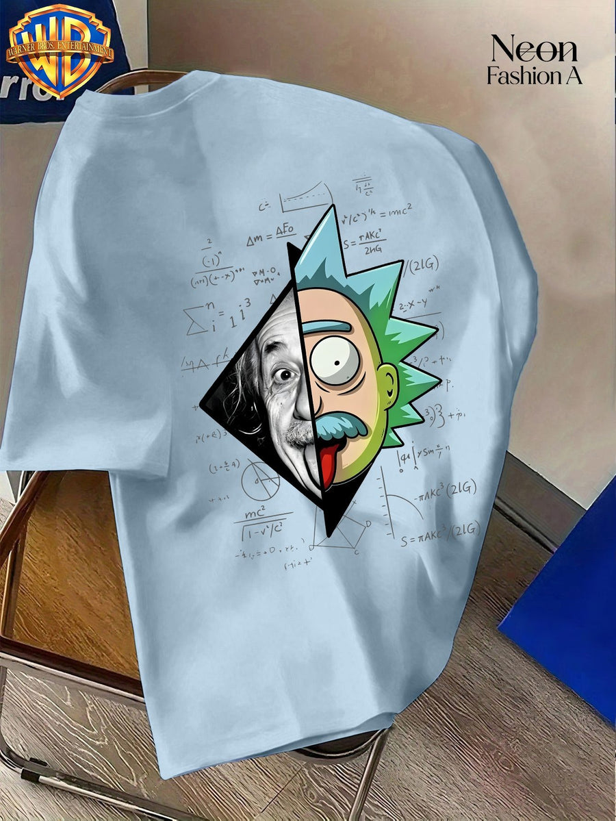 Warner Licensed Unisex Short Sleeve T-Shirt Casual Commute Shopping Classic Science And Anime Creative Patchwork Artistic Print Round Neck Pullover Summer Comfortable Breathable Trendy Top - Light Blue