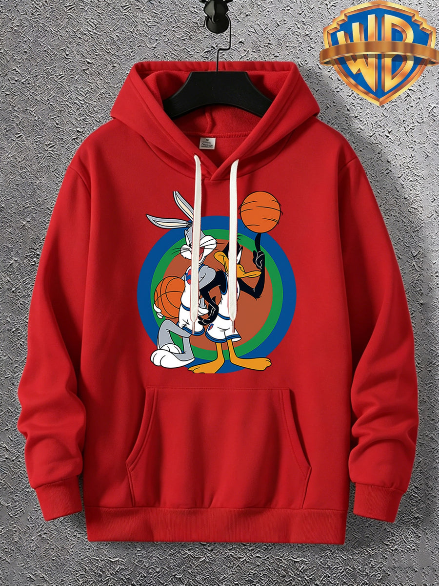 Warner Licensed Men'S Autumn Long Sleeve Hooded Sweatshirt, Durable Ribbed Cuffs, Breathable Polyester Fabric, Round Bottom with Rabbit And Duck Cartoon Print, Suitable for School Youth Casual Wear, Class, Club, Court Activities - Bright Red
