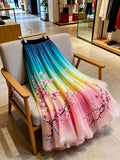 Spring/Summer Women's Elegant Gradient Color Printed Midi A-Line Skirt with Layered Chiffon Overlay, Elegant Style Skirt for Daily Wear, Vacation Outings, and Travel, Suitable for All Seasons, Ideal for Both Casual and Formal Attire - Gradient