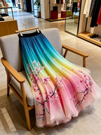 Spring/Summer Women's Elegant Gradient Color Printed Midi A-Line Skirt with Layered Chiffon Overlay, Elegant Style Skirt for Daily Wear, Vacation Outings, and Travel, Suitable for All Seasons, Ideal for Both Casual and Formal Attire - Gradient