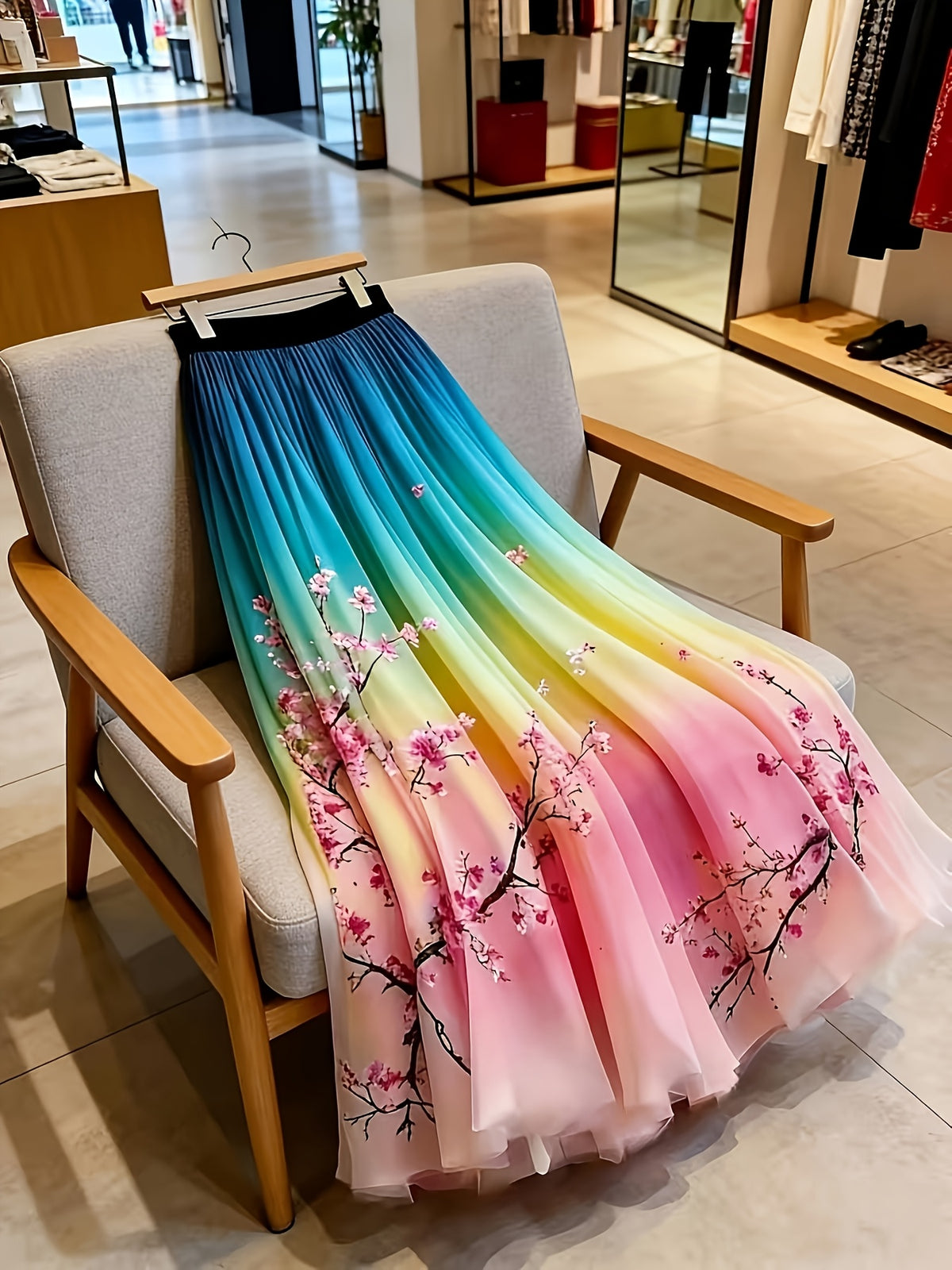 Spring/Summer Women's Elegant Gradient Color Printed Midi A-Line Skirt with Layered Chiffon Overlay, Elegant Style Skirt for Daily Wear, Vacation Outings, and Travel, Suitable for All Seasons, Ideal for Both Casual and Formal Attire - Gradient
