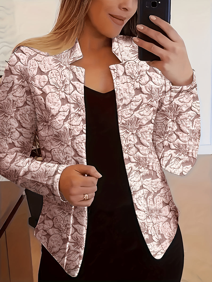 Vintage Print Casual Long-Sleeve Open-Front Blazer - Pale Pinkish Gray
