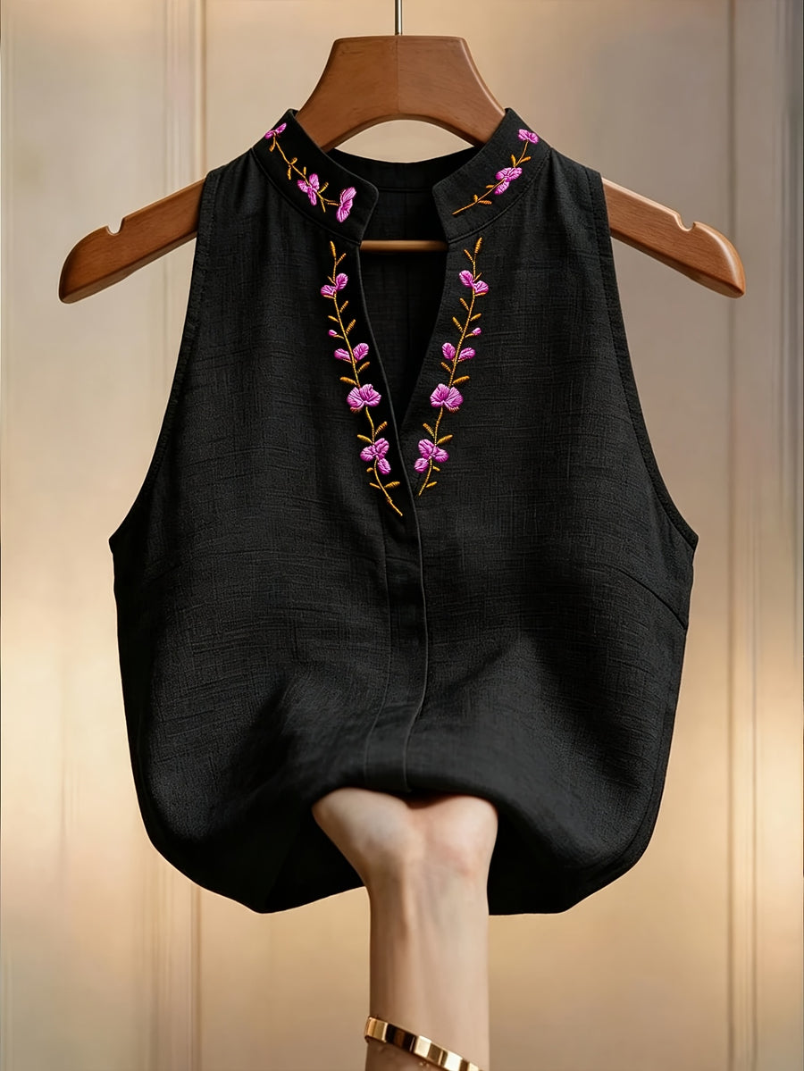 Women's Floral Embroidered Stand Collar Sleeveless Blouse, Embroidered Top, Elegant Summer Outfit, Office and Commuting Attire, Pretty Blouse, Casual Elegance, Shirt - Black + Purple Embroidery