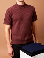 Men Mock Neck Short Sleeve Knit Sweater, Thick Warm Knit Top for Spring Autumn Winter, Wearable Alone Or As Undershirt. Soft Premium Skin-Touch Fabric, Fine Vertical Rib Design to Slim Your Figure for Fashionable Handsome Styling - Coffee Color