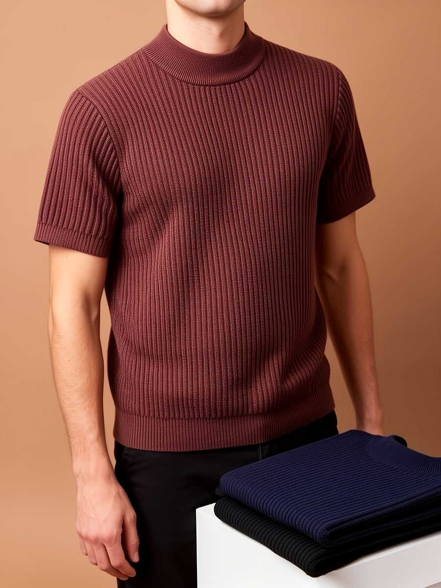 Men Mock Neck Short Sleeve Knit Sweater, Thick Warm Knit Top for Spring Autumn Winter, Wearable Alone Or As Undershirt. Soft Premium Skin-Touch Fabric, Fine Vertical Rib Design to Slim Your Figure for Fashionable Handsome Styling - Coffee Color