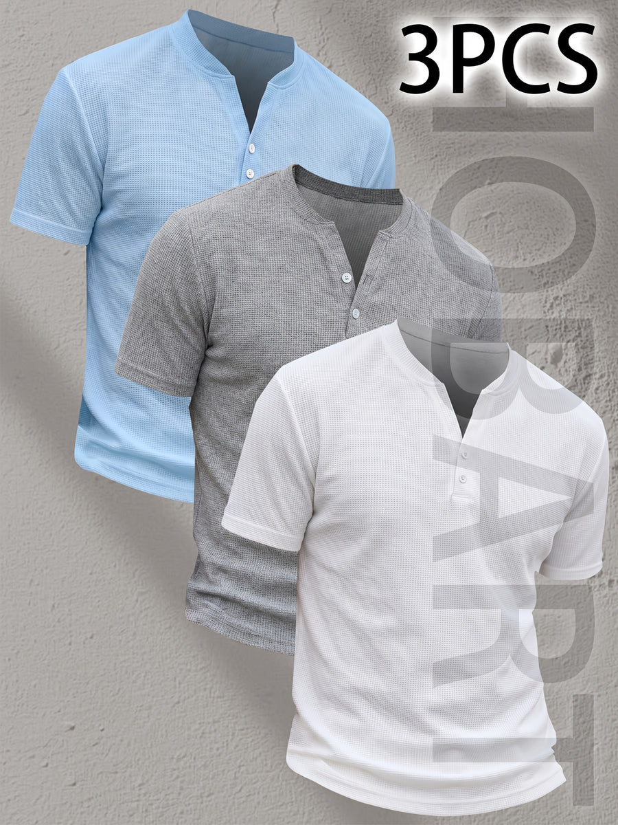3pcs Men'S Henley Short Sleeve T-Shirts - Breathable Waffle Knit Summer Casual Tees with Button Front, Solid Color Round Neck, Machine Washable for Outdoor & Casual Wear, Stylish Button Detail, Lightweight Fabric, Easycare Material - Type 3