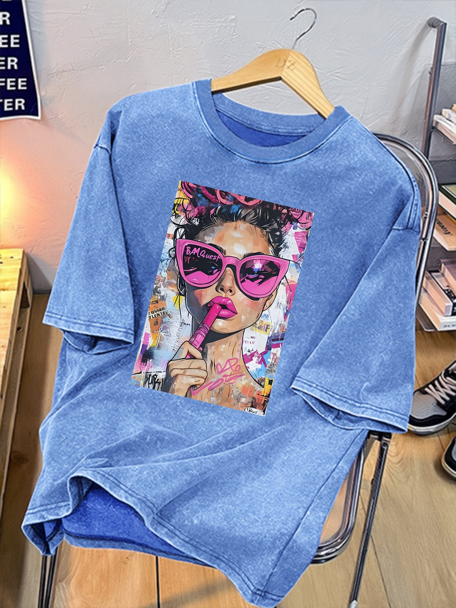 Women's Washed T-shirtVintage Washed Women's T-Shirt with Bold Pop Art Print, Perfect for Casual Outings or Home Relaxation, Lightweight and Durable Blend, Stylish Statement Piece for Everyday WearWomen's Top Tee - Vibrant Blue