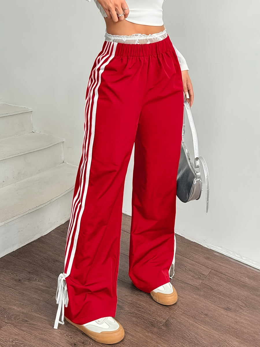 Y2K Side White Striped Long Pants - Red