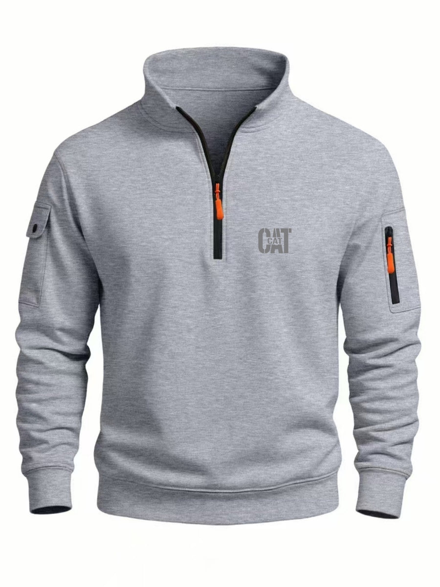 Spring and Autumn Men's Half-Zip Sweatshirt with Print, Loose Fit, Stand-Up Collar, Casual Sport Pullover - Light Grey