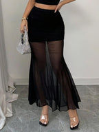 Women'S Elegant Mesh Patchwork Mermaid Skirt Long Dress, Half Skirt - Black
