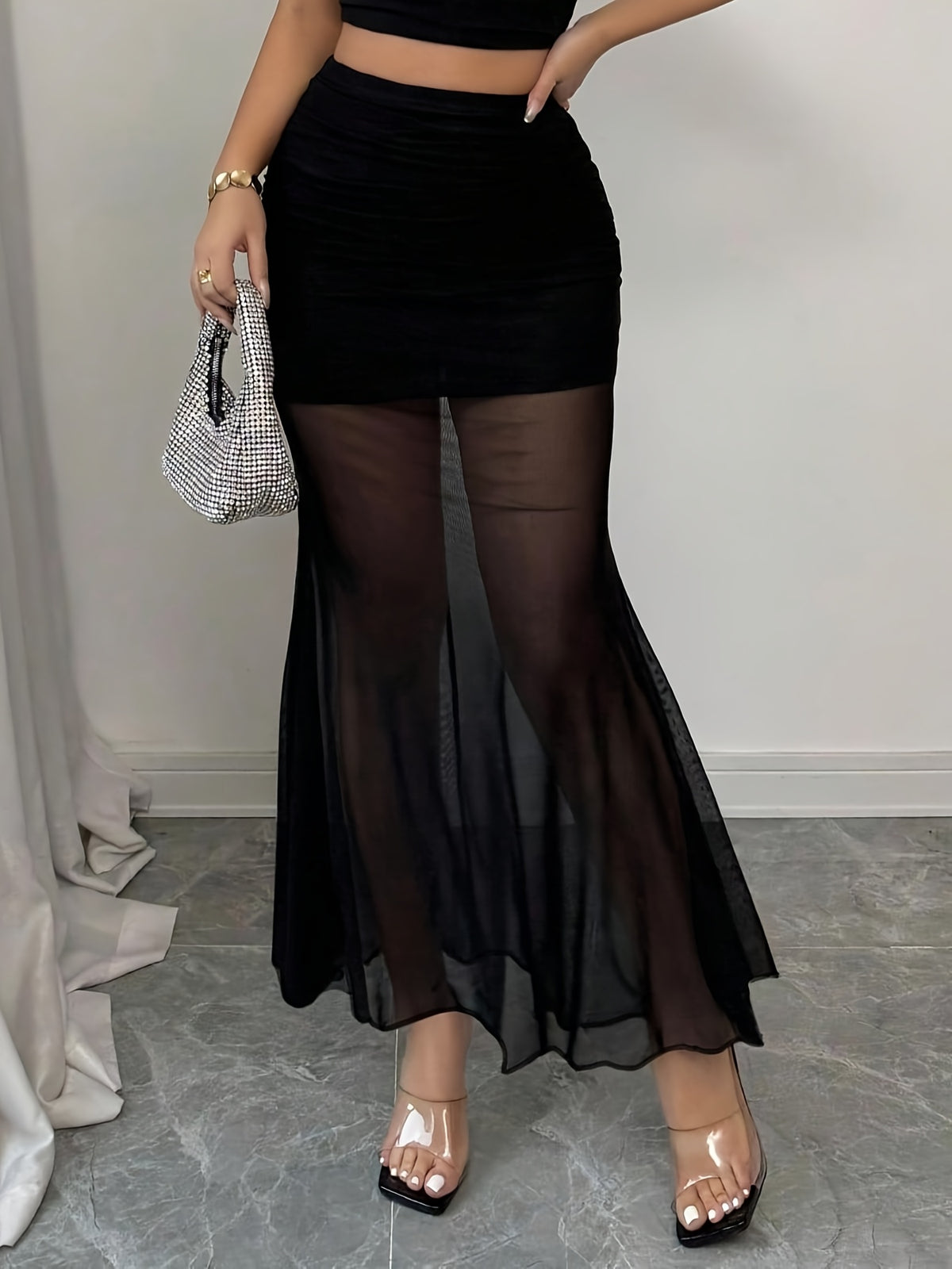 Women'S Elegant Mesh Patchwork Mermaid Skirt Long Dress, Half Skirt - Black