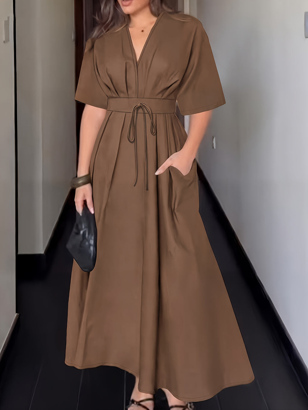 Summer New Style Women's Clothing Dress and Pants with V-neck Short Sleeves and Belt. Sexy and Elegant Style, Suitable for Fashionable Daily and Casual Wear. - Dark Brown
